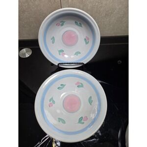International Tableworks Stoneware Bowls Set of 2 Pink Tulip Blue Capri Japan